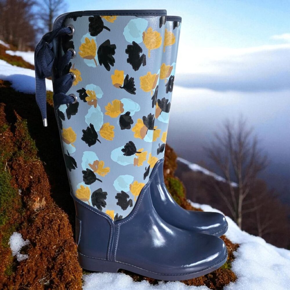 COACH (8) Rain Boots Midnight Navy Corn Powder Blue Lace in Back Boots - Picture 5 of 12